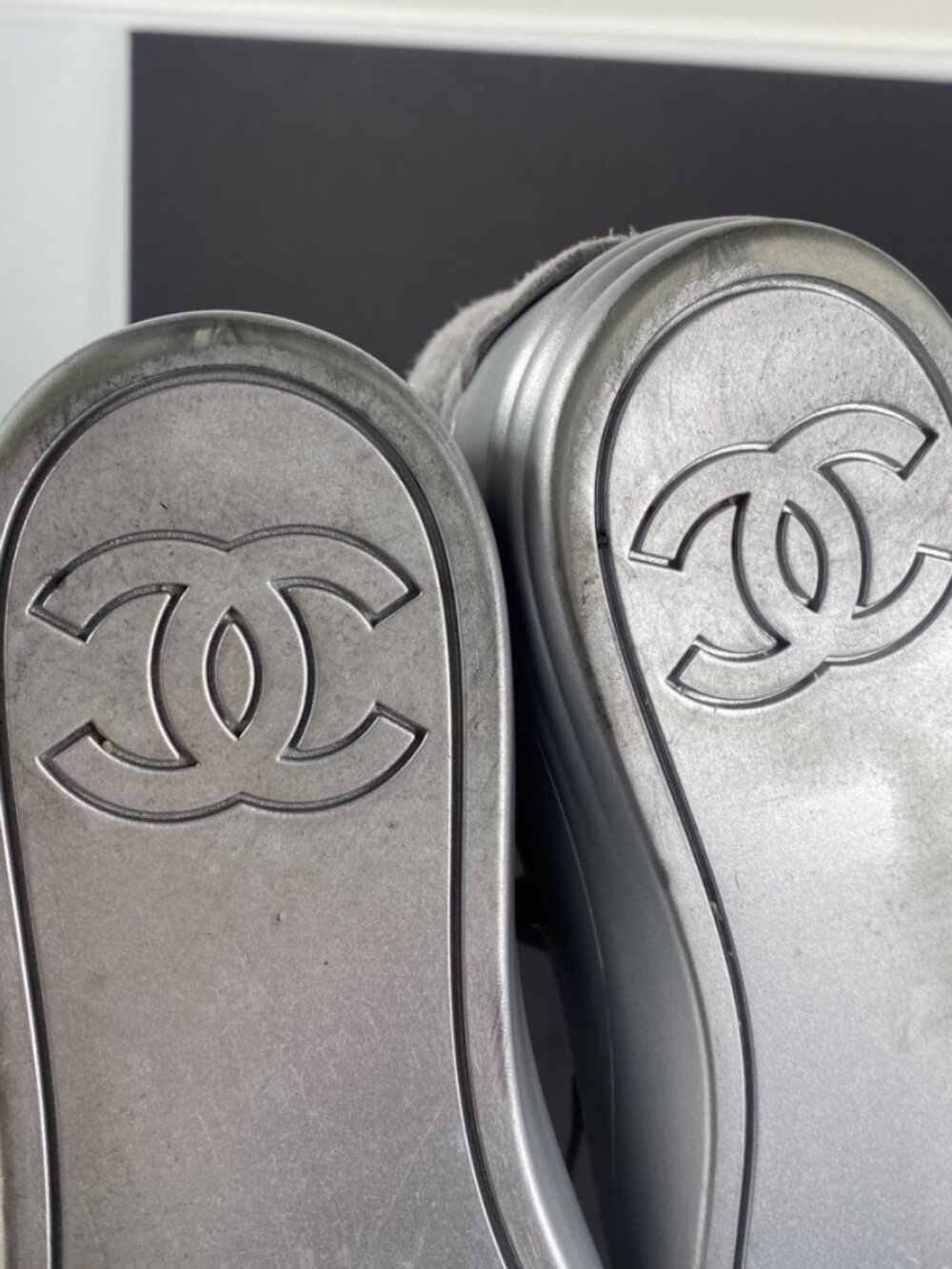 Chanel Grey Silver Suede Rubber CC High Top Sneakers Size 37.5 - Picture 8 of 12